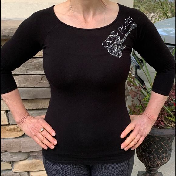Cache Tops - Cache black/silver with guitar application, long-sleeved sweater, great shape, M